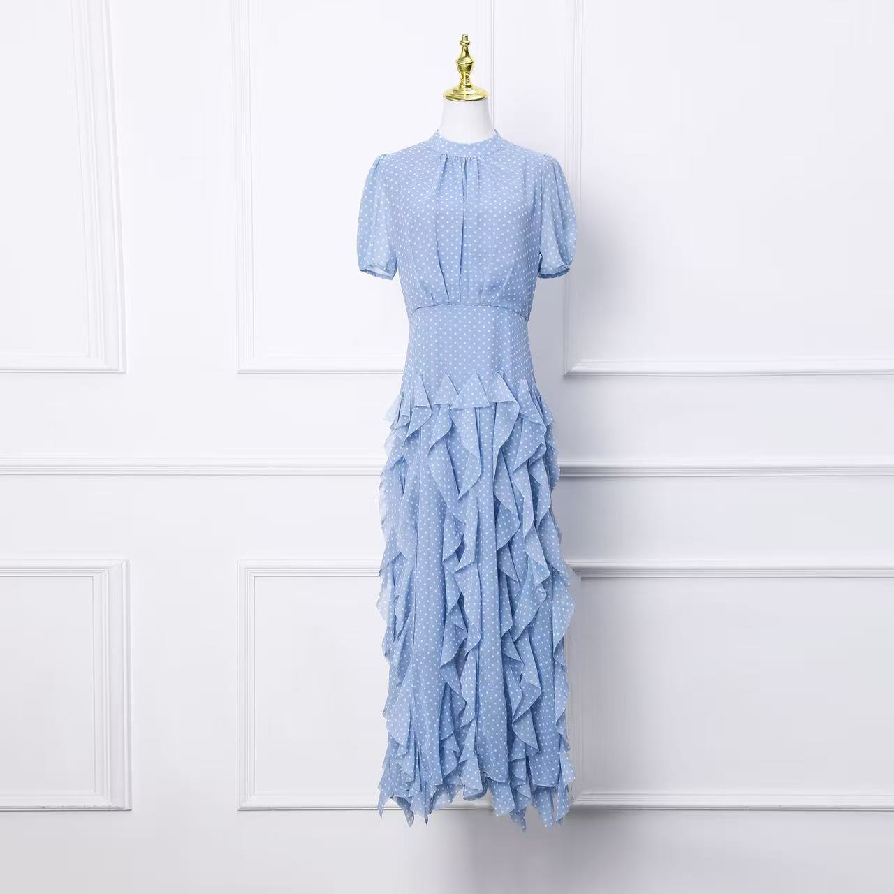 French Court Style Polka Dot Mermaid Maxi Dress Ruffled Hem Waist Defining Scarf Collar Elegant Evening Wear
