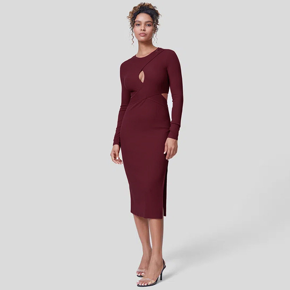 Slim Fit Hollow Out Long Sleeve Dress Solid Color Round Neck Bodycon Side Slit Elegant for Evening Events