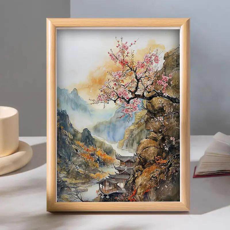 Chinese Style Ink Painting Desktop Ornaments Wooden Photo Frame Freehand Landscape Decoration Gift