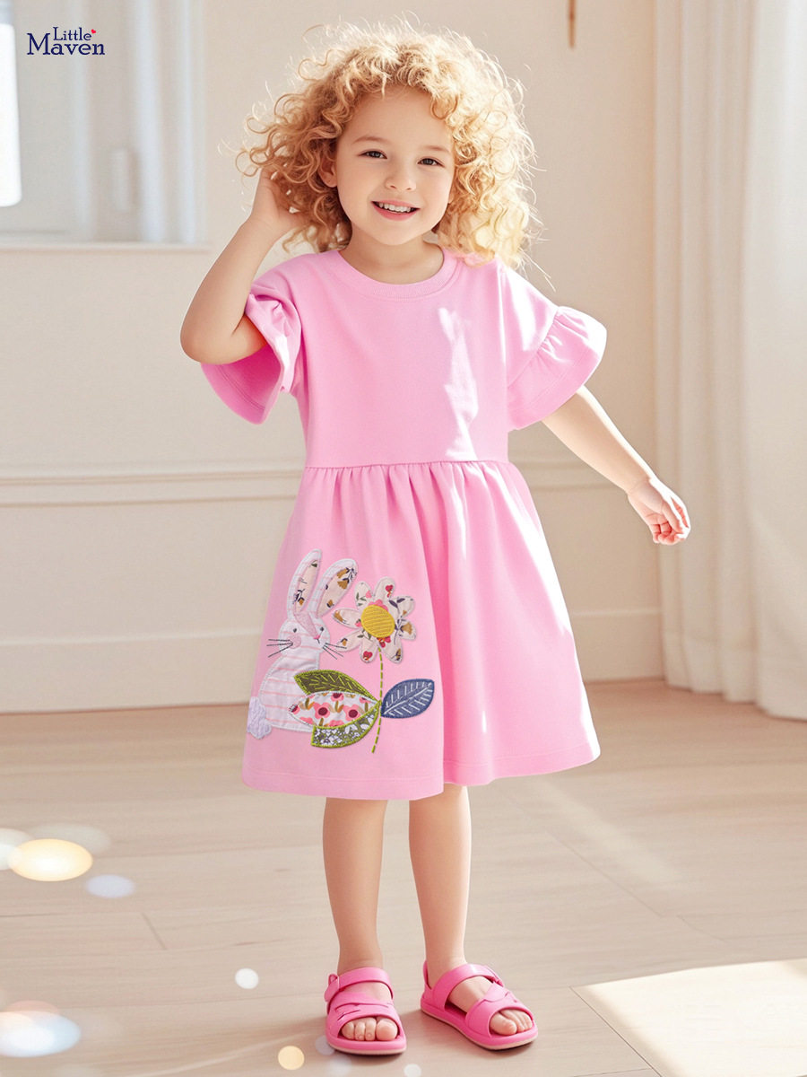 Kids' Summer Short-Sleeve Cartoon Dress, Cute Cotton Girls' Dress