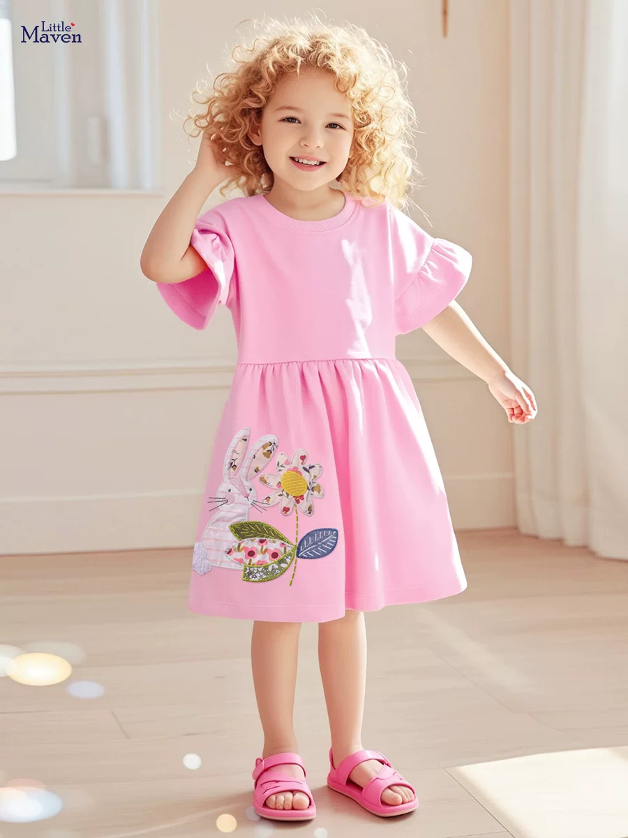 Kids' Summer Short-Sleeve Cartoon Dress, Cute Cotton Girls' Dress