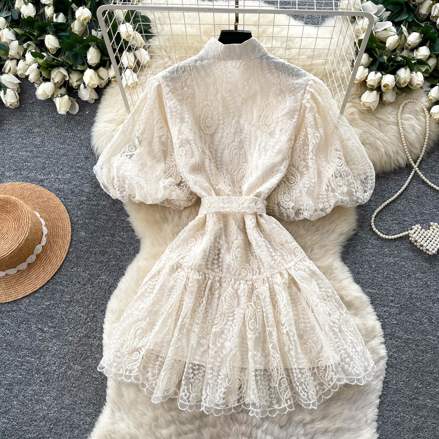 French Court Style Lantern Sleeve Lace Dress for Women V Neck Tie Waist A Line Silhouette Summer Elegant Occasion