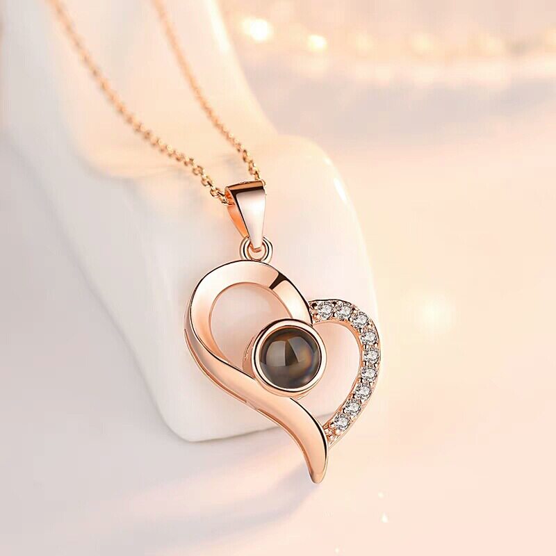 S925 sterling silver 100 languages I love you projection necklace women hollow love simple necklace memory clavicle chain