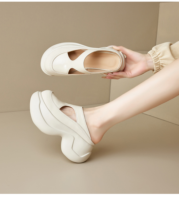 Sandal nữ bít mũi da bò đục lỗ đế xuồng tăng chiều cao — Màu bạc, Màu đen, Màu trắng be