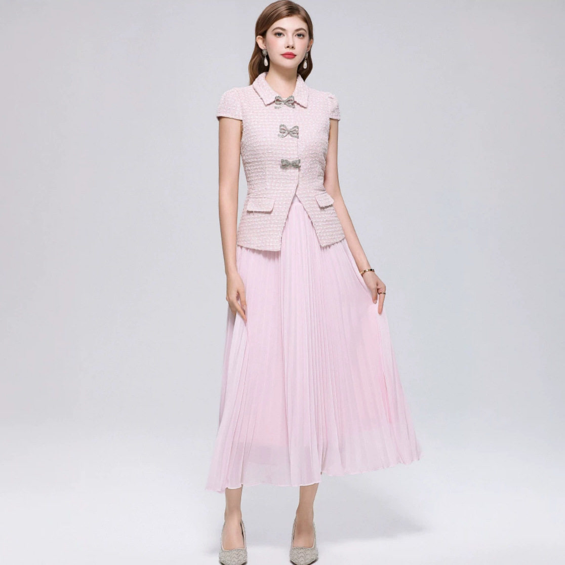 French Style Sweetheart Collar Sleeveless Top with Pleated Skirt Elegant Summer Two Piece Set for Women Wholesale