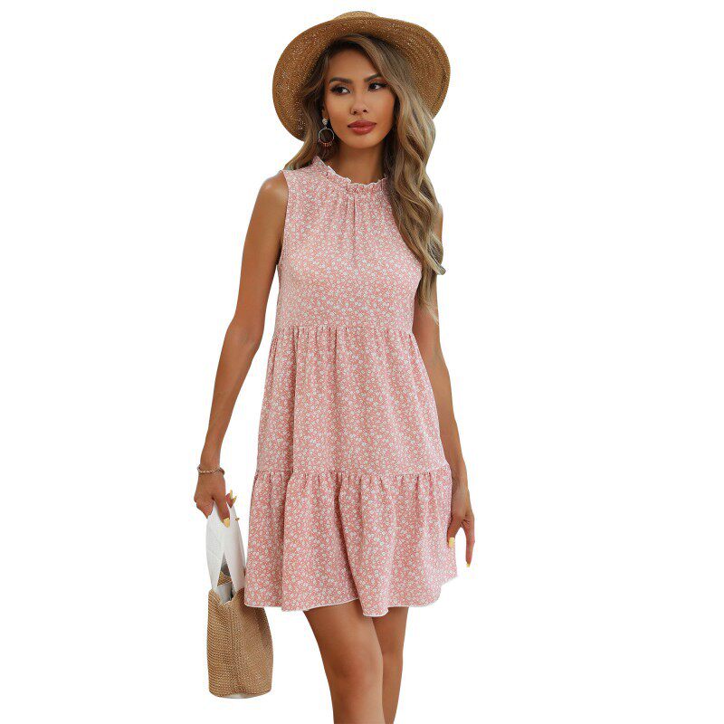 Floral Summer Dress Sleeveless Round Neck Pleated Design Casual Wear for Women Wholesale Available
