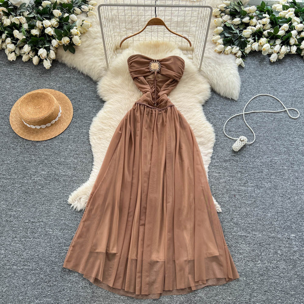 Vintage Strapless Butterfly Off Shoulder Dress High Waist Slim Fit A Line Tulle Long Skirt Elegant Evening Wear