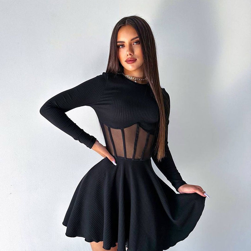 Fashionable Womens Dress Half High Neck Long Sleeve Sheer Mesh Panel Fishtail Design Waist Cinching Evening Wear