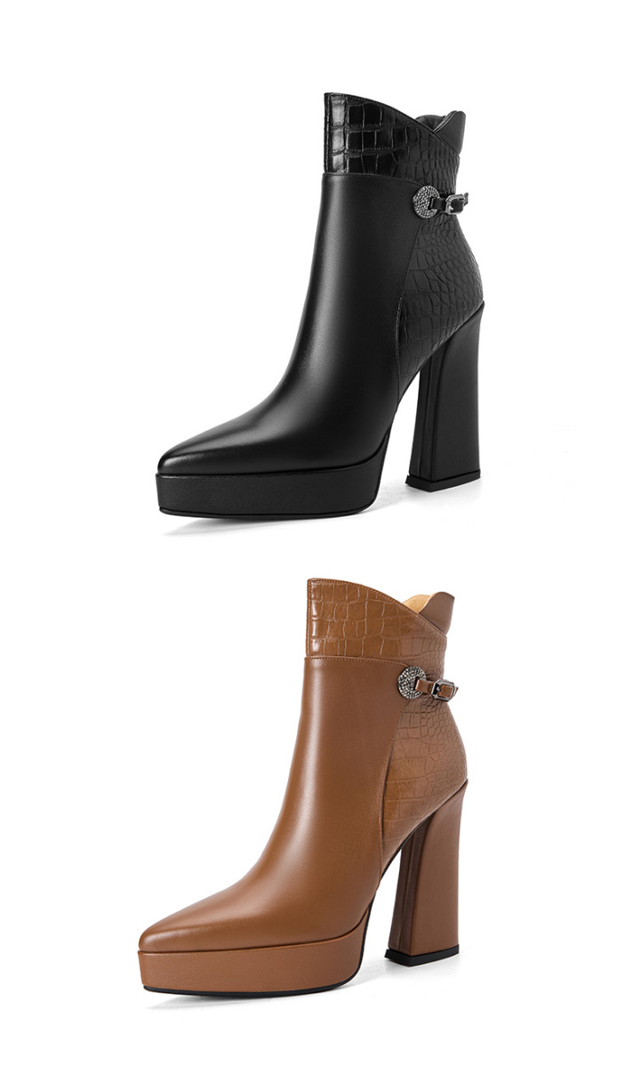 Boot nữ cổ thấp da bò mũi nhọn gót nhọn siêu cao phối khóa kéo bên — màu đen, nâu
