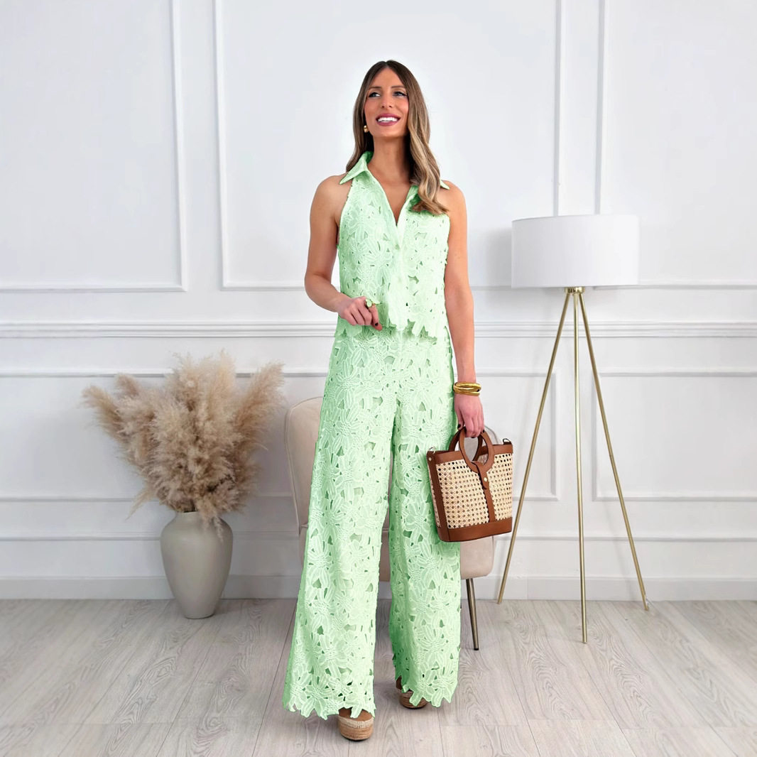 French Summer Embroidered Hollow V Neck Tank Top and Wide Leg Straight Pants Set Elegant Design Perfect for Casual