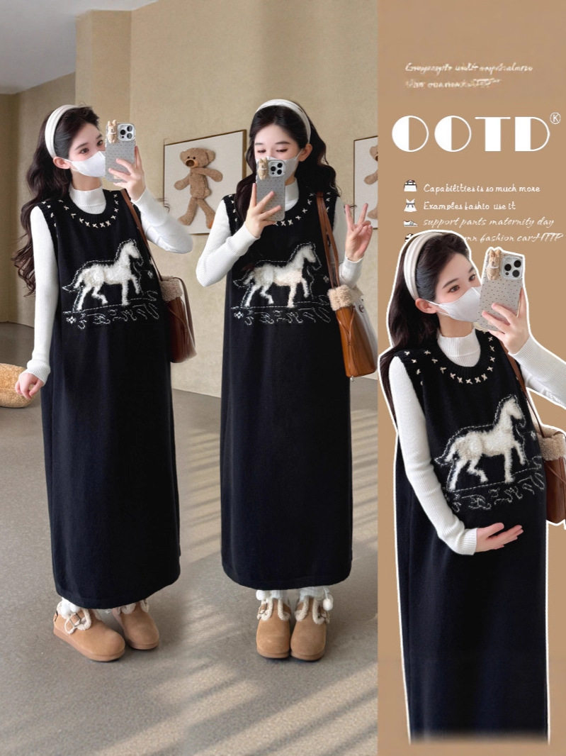 Knitted Dress Women's 2025 Autumn and Winter New Fake Two-Piece Black Skirt Long Skirt Vest Skirt + Bottoming Suit