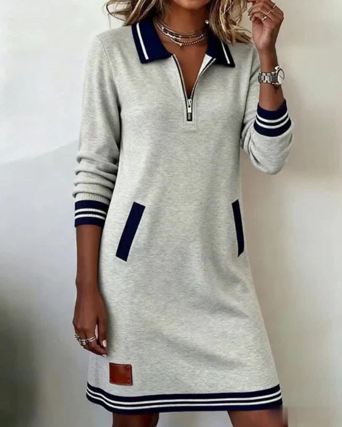 Color Block Long Sleeve Dress Fashionable Lapel Zipper Closure Pocket Design Autumn Collection for Women Wholesale