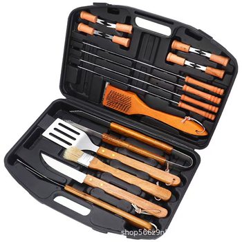 Wholesale Stainless Steel 18-Piece Plastic Box Wooden Handle Grill Outdoor Grill Grill Fork Food Clip Barbecue Tool Set