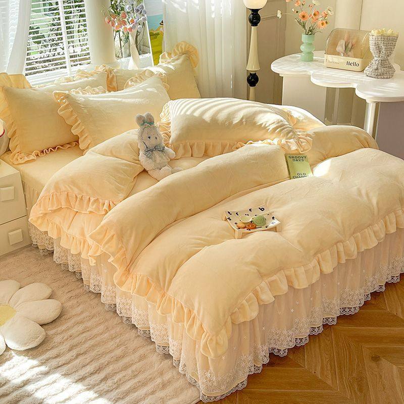 Winter Thickeneded Milk Velvet Four-Piece Lace Princess Bed Skirt Quilt Cover Three-Piece Coral Velvet Warm Ld
