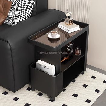 Black Sofa Side Table, Movable Small Coffee Table, Living Room Light Luxury Trolley, Wrought Iron Wheeled Glass Bedside Table, Internet Celebrity