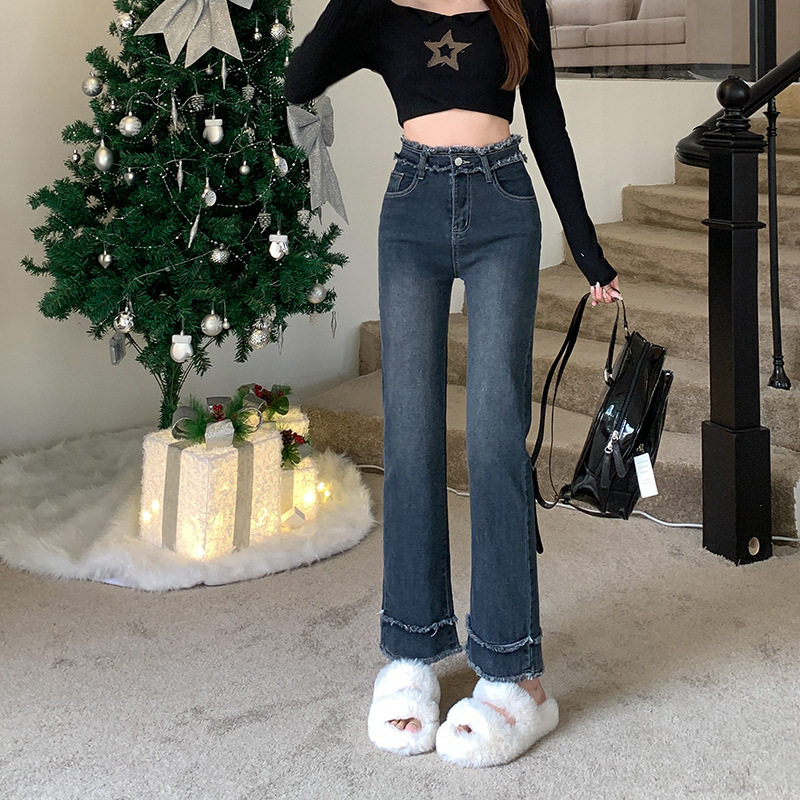 High Waisted Vintage Straight Leg Jeans for Women Korean Style Frayed Hem Loose Fit 3 4 Length Spring and Autumn