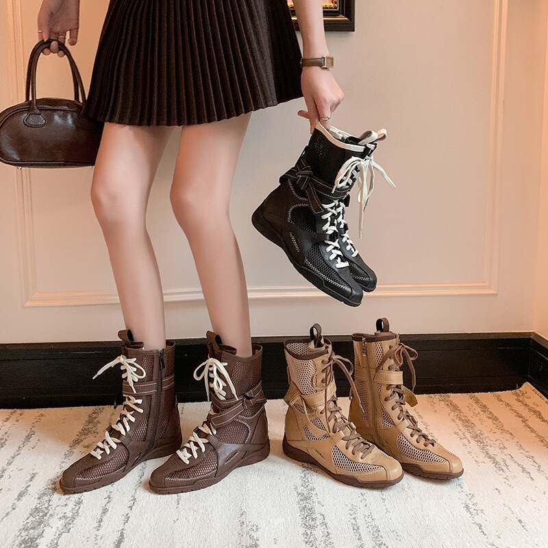 Boot nữ dây buộc phong cách boxing, đế dày, cổ thấp, khóa kéo bên hông — màu đen, Màu lạc đà, Màu nâu