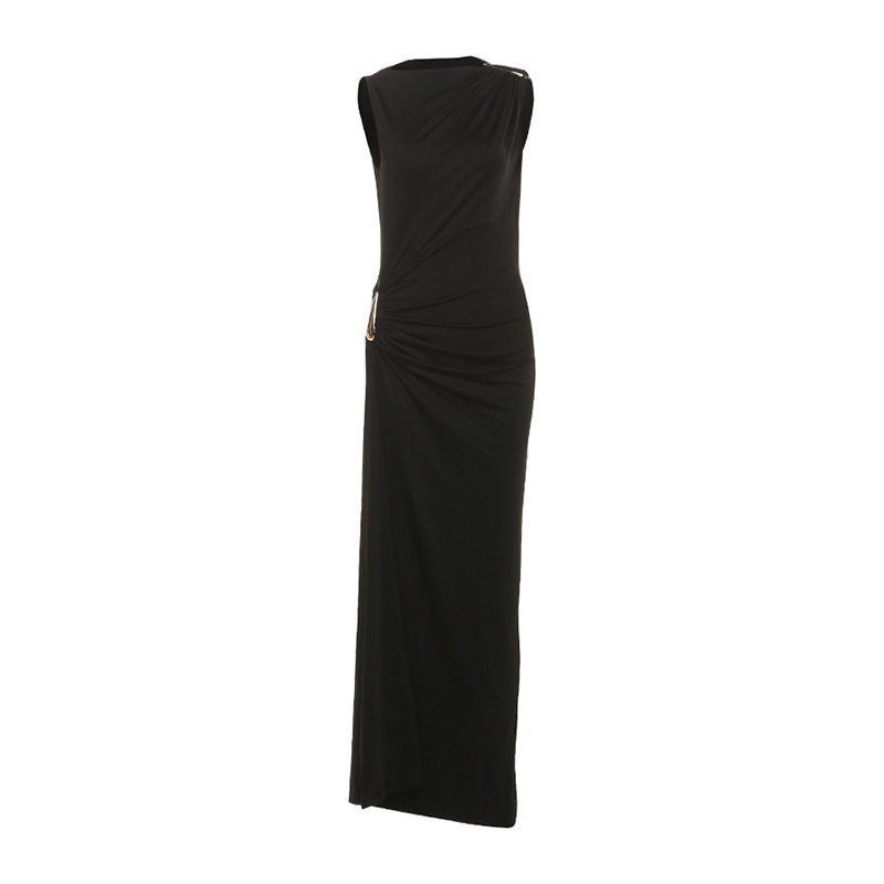 Sleeveless Bodycon Dress Solid Color Metallic Accents Side Slit Autumn Fashion for Women Wholesale Available