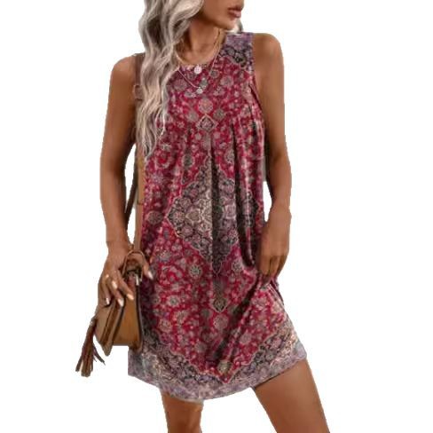 Summer Floral Print Sleeveless Dress Round Neck Ethnic Style Trendy Design Perfect for Casual Outings Wholesale
