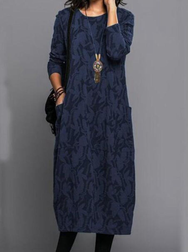 Casual Long Sleeve Pocket Dress for Women Cotton Linen Round Neck Available in Black Green Blue Red Wholesale Sizes S to XXXL