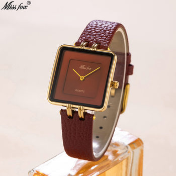 MISSFOX Watch Middle East Explosive Simple Square Gold Wine Red Dial Belt Quartz Women's Watch