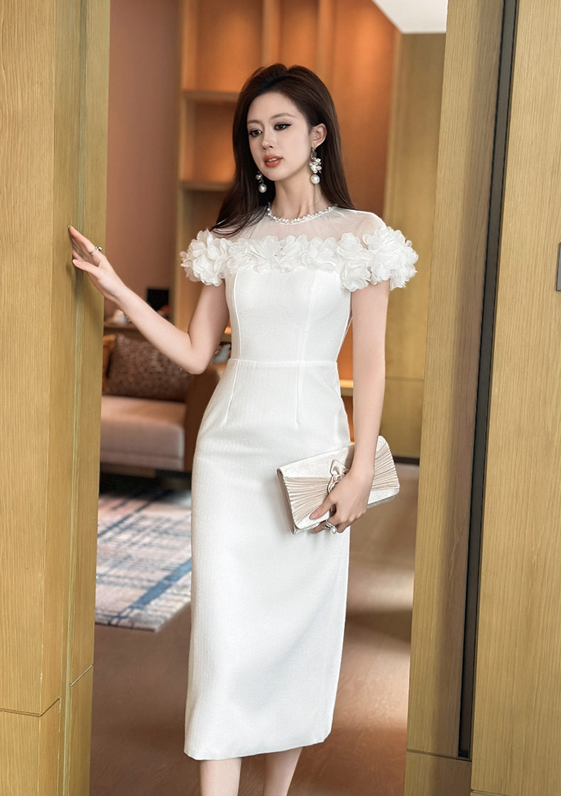 Đầm ôm body nữ trắng tay phồng cổ tròn dáng dài – Thiết kế quyến rũ cho cô dâu và dự tiệc — [Trắng] chi tiết 7
