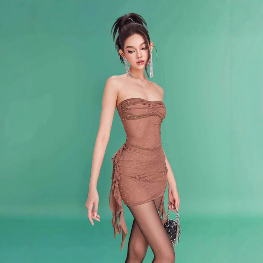 Chic Sheer Mesh Dress Sexy Strapless Design with Starry Rhinestone Accents Perfect for Winter Parties Wholesale