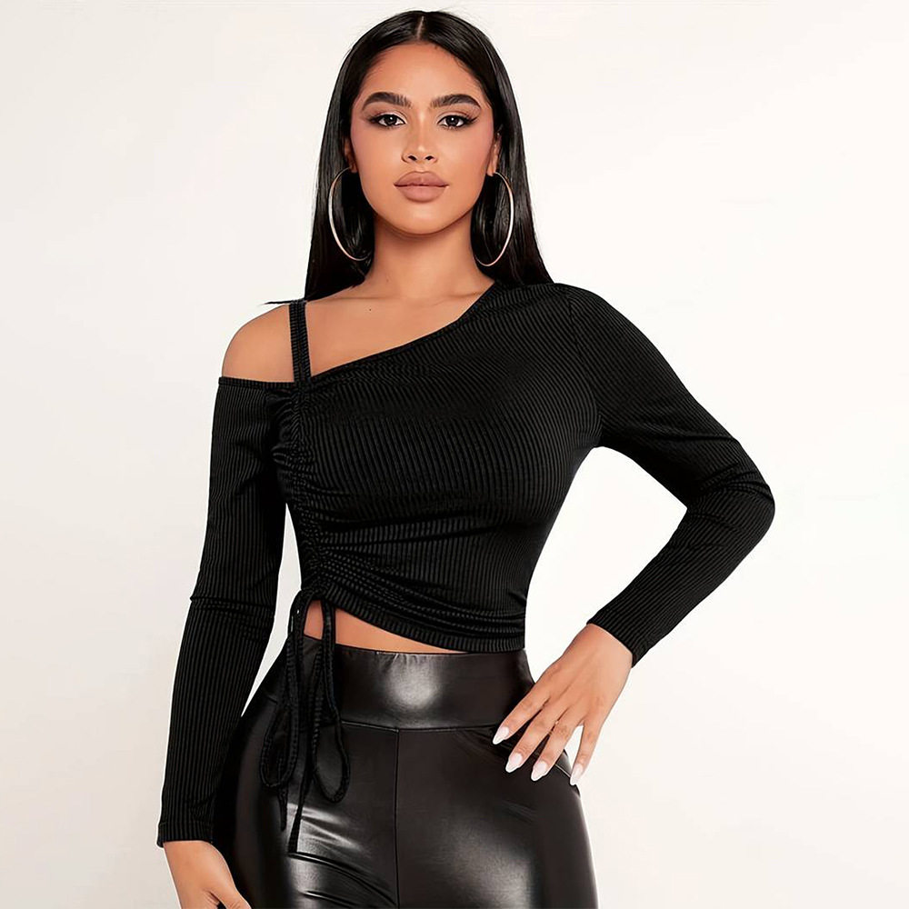 Womens Trendy Spring Summer T Shirt Off Shoulder Slim Fit Solid Color Asymmetrical Neckline Casual Wear