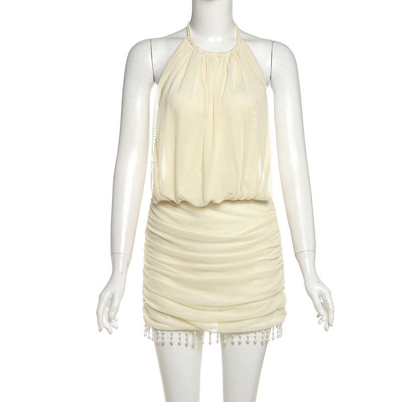 Summer Womens Bodycon Dress Sleeveless Halter Neck Fringe Detail Color Block Casual Party Wear Wholesale