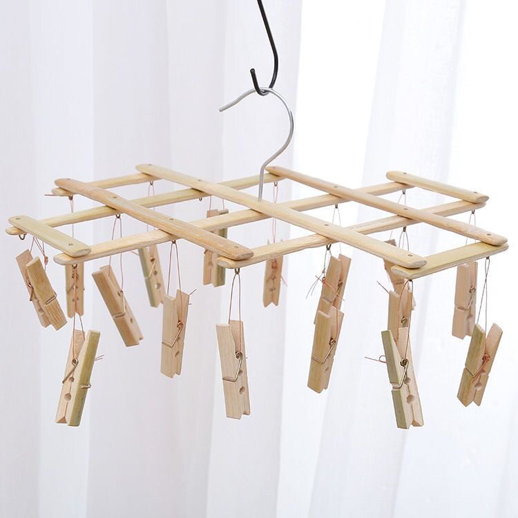 ✅Multifunctional foldable bamboo socks rack household multi-head drying clip windproof pants clip pull hanger two yuan wholesale