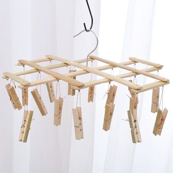 ✅Multifunctional foldable bamboo socks rack household multi-head drying clip windproof pants clip pull hanger two yuan wholesale