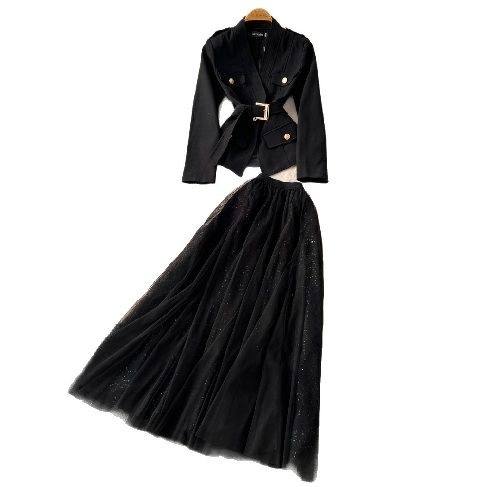 Elegant Two Piece Set High End Tweed Blazer and Waist Tie Skirt Autumn Fashion for Women Wholesale Available