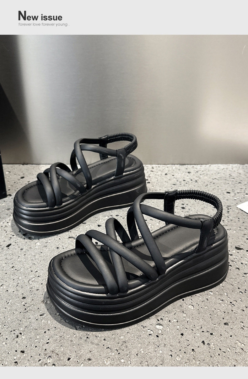 Sandal xỏ ngón nữ đế bệt chống trượt mùa hè — Đen, Len nguyên chất chi tiết 13