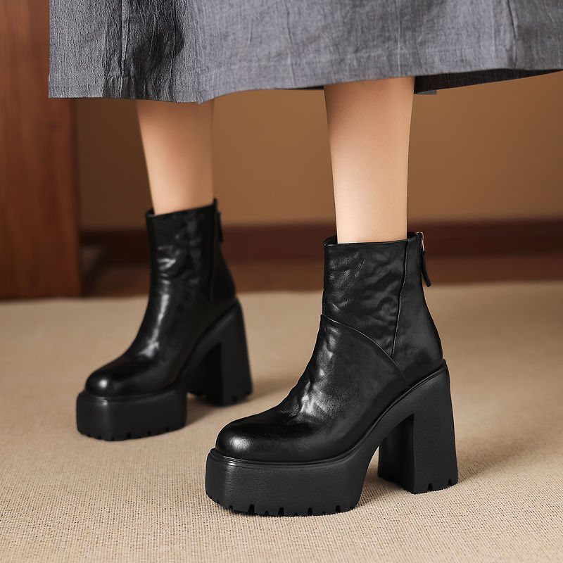 Boot Martin nữ gót thô 12cm đế platform tăng chiều cao, da bò thật — Lớp lót đơn màu đen, Lớp lót đơn màu nâu, Lót nhung đen, Lót nhung màu nâu