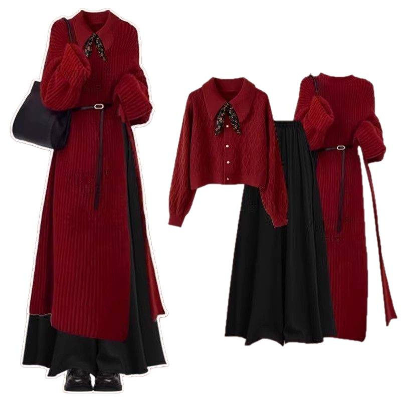 Autumn and Winter Outfits, a Complete Set of New Lazy Style Knitted Sweaters, Slimming and Versatile Skirts, Two-Piece Set