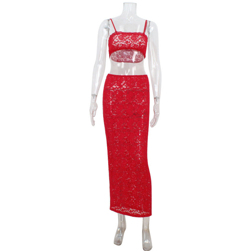 Red Lace Sheer Two Piece Set Strapless Crop Top Bodycon Skirt Sexy Night Out or Party Wear Wholesale Available