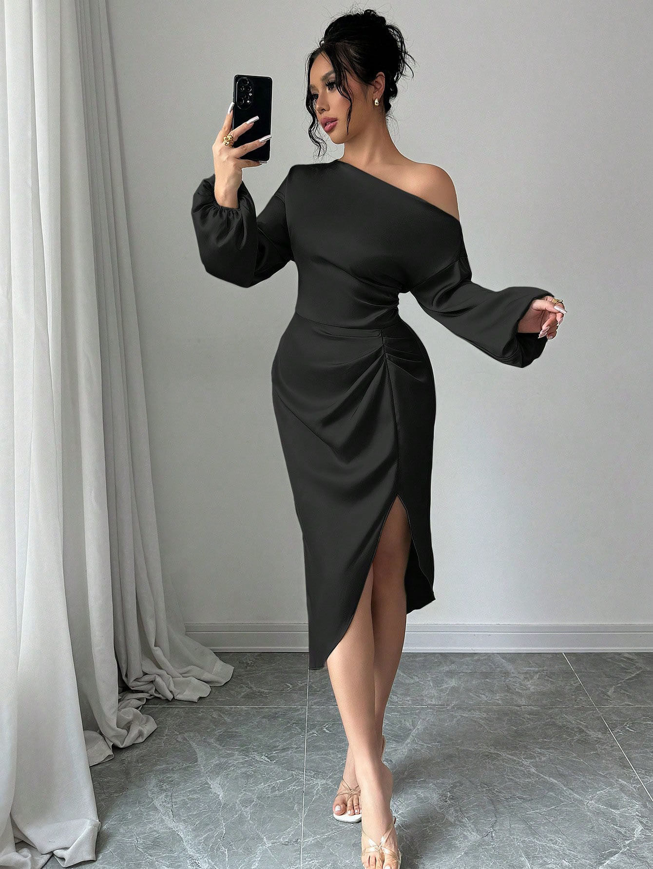 Asymmetrical Long Sleeve Dress Ruched Slit Bodycon Fit Elegant Evening Wear Wholesale Available