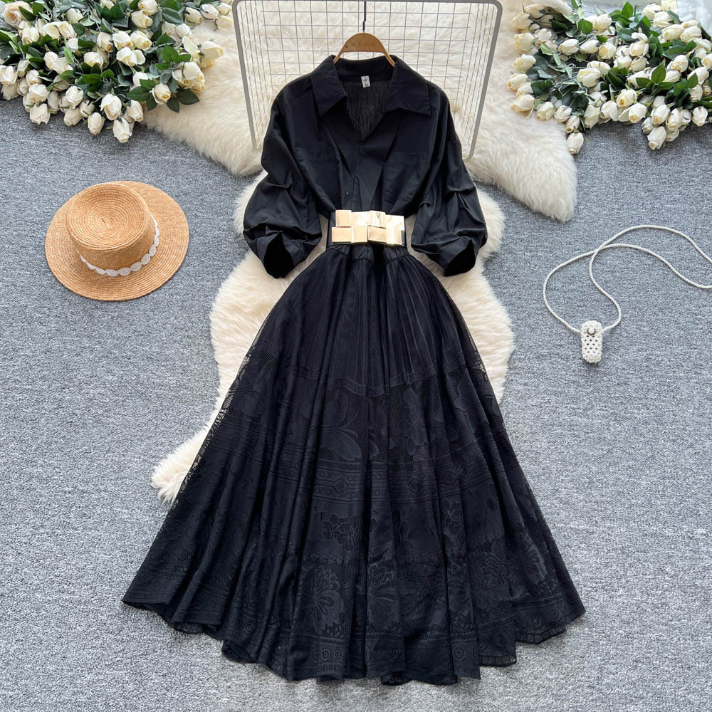 French Elegant Embroidered Mesh Dress Lantern Sleeves Waist Defining Color Block Design Summer Evening Wear