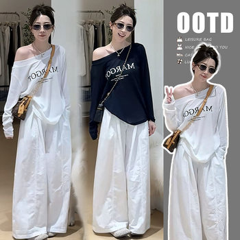 Maternity Wear, Early Autumn Relaxed Korean Style One-Shoulder T-Shirt Lazy Suit, Elegant Long-Sleeved T-Shirt Suit