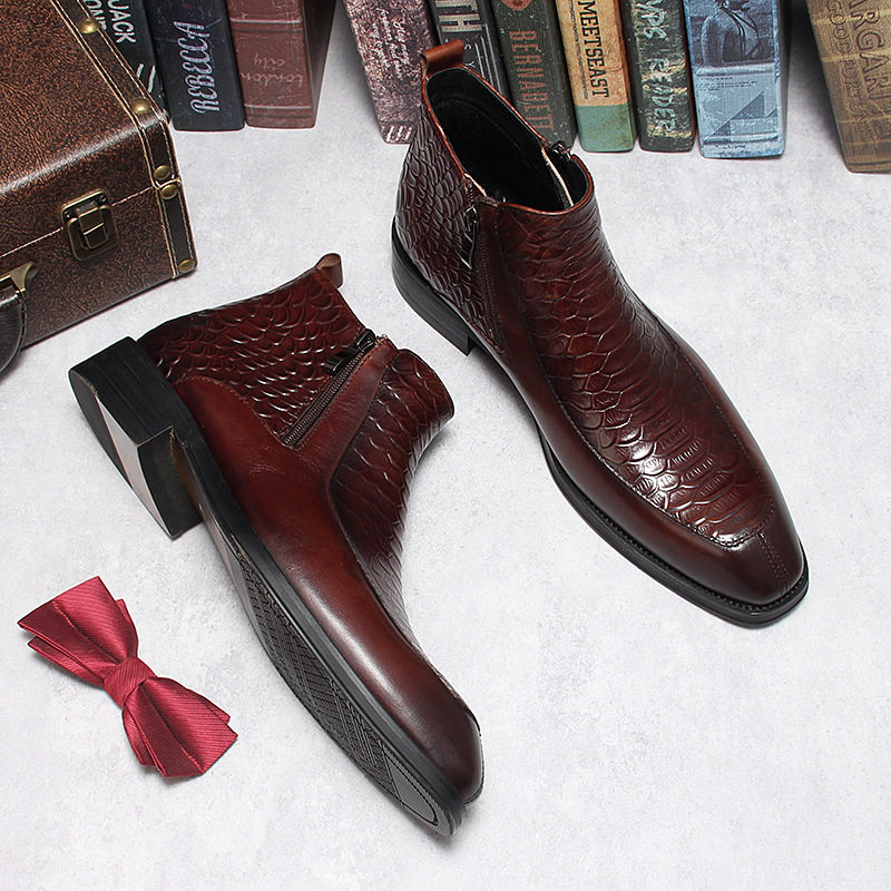 Boot cổ trung da bò dập vân cá sấu khóa kéo đôi phong cách cổ điển — Lớp lót nhung đen, Màu đen lót da, Đỏ rượu bên trong da