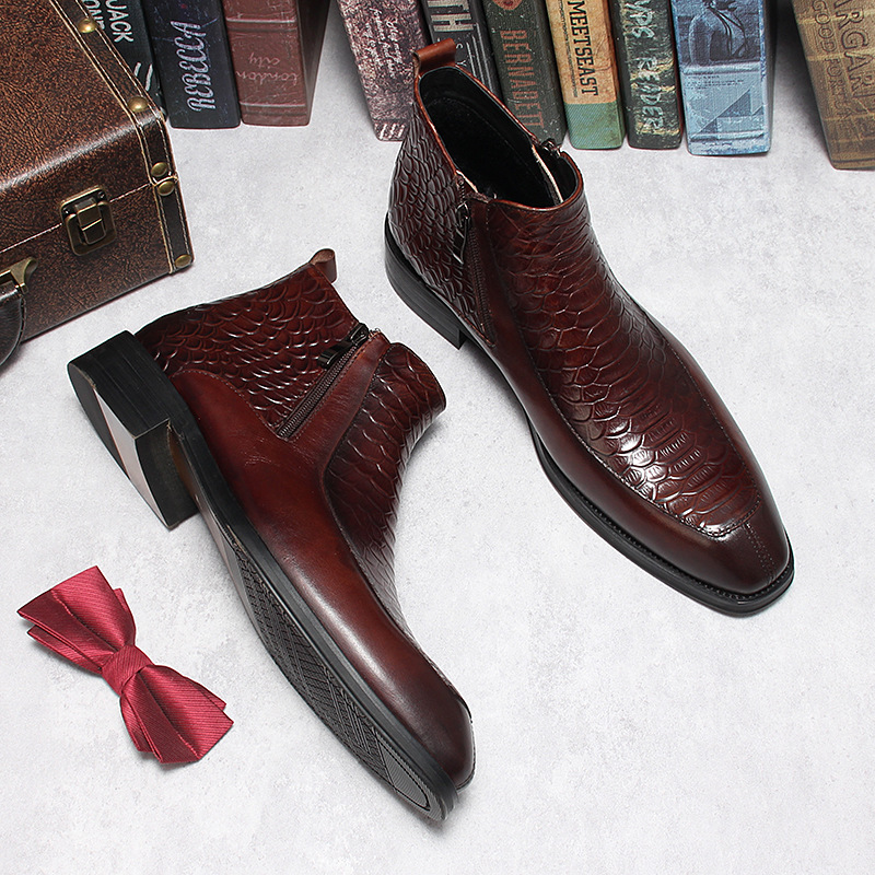 Boot cổ trung da bò dập vân cá sấu khóa kéo đôi phong cách cổ điển — Lớp lót nhung đen, Màu đen lót da, Đỏ rượu bên trong da