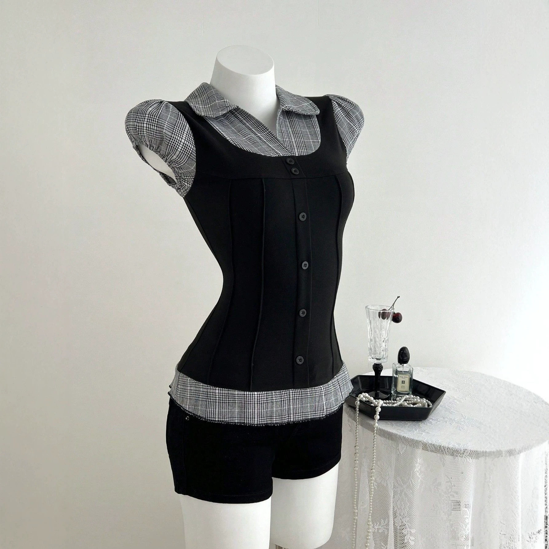 Color Block Plaid Short Sleeve T Shirt Slim Fit Waist Cinching Design Casual Style Ready to Ship Low MOQ