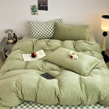 Korean-Style Cream Double Milk Velvet Four-Piece Set Autumn and Winter Warm Double-Sided Velvet French Velvet Pure Color Quilt Cover Bed Sheetss and Fitted Bed Sheetss