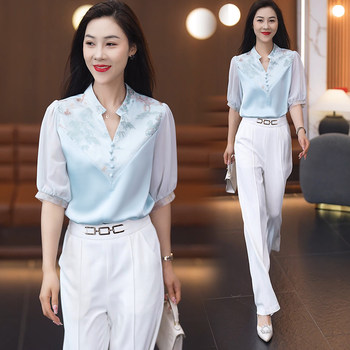 New Chinoiserie Fashion Suit for Women 2025 Summer New Style Slimming Look Belly-Covering Chinoiserie Shirt Wide-Leg Pants Two-Piece Set