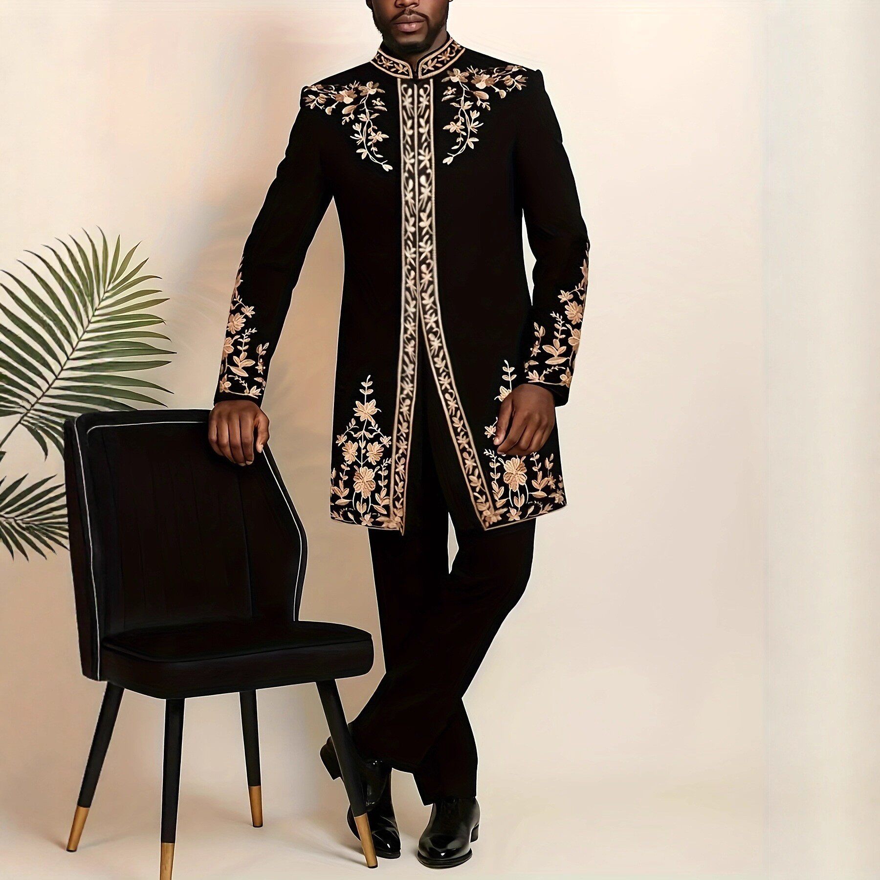 传统外贸非洲风格男士结婚新西装2件套圆领长袖上衣加裤子外贸