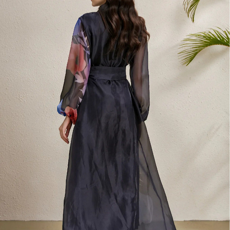 French Court Style Dress Elegant Floral Print Lantern Sleeves Waist Tie Sheer Fabric Perfect for Formal Events