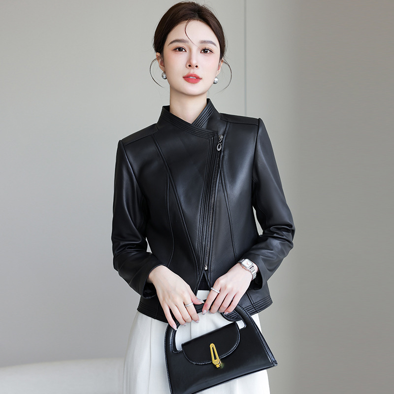 Áo khoác da cừu nữ dáng ngắn cổ đứng ôm body — Màu đen