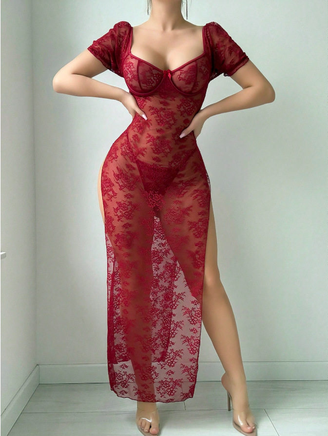 2025欧美INS外贸跨境性感透视蕾丝包臀连衣裙激情情趣内衣女DZ66