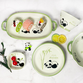 ♡Kawai Panda Bowl Tableware Ceramic Underglaze Color High Temperature Ceramic Binaural Dinner Plate Noule Bowl Rice Bowl and Spoon Combination