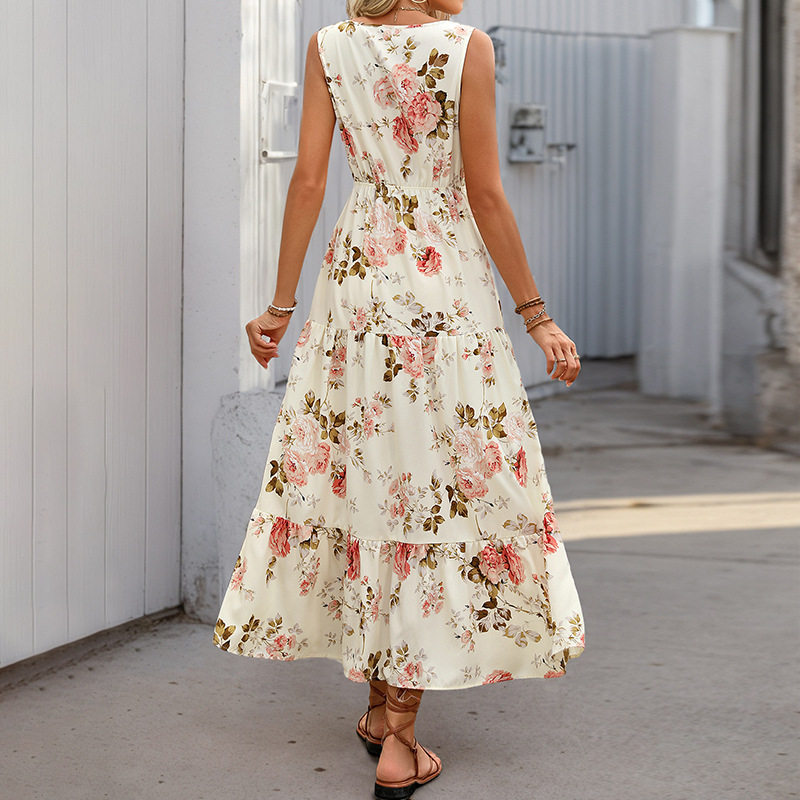 Elegant Floral Print Dress Summer Style Lace Trim European and American Design Wholesale Available